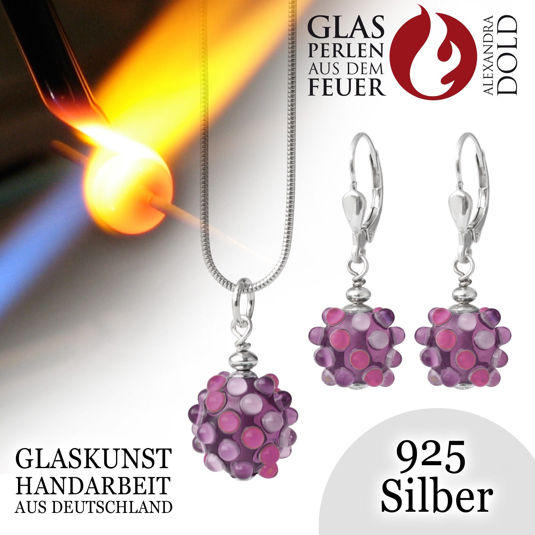 Handgefertigte Glasperlen Schmuckset Rosa-Farbtöne 925 Silber - Halskette, Kettenanhänger Und Ohrringe Handgefertigte Glasperlen Schmuckset Rosa-Farbtöne 925 Silber - Halskette, Kettenanhänger Und Ohrringe von FeuerGlasperlen