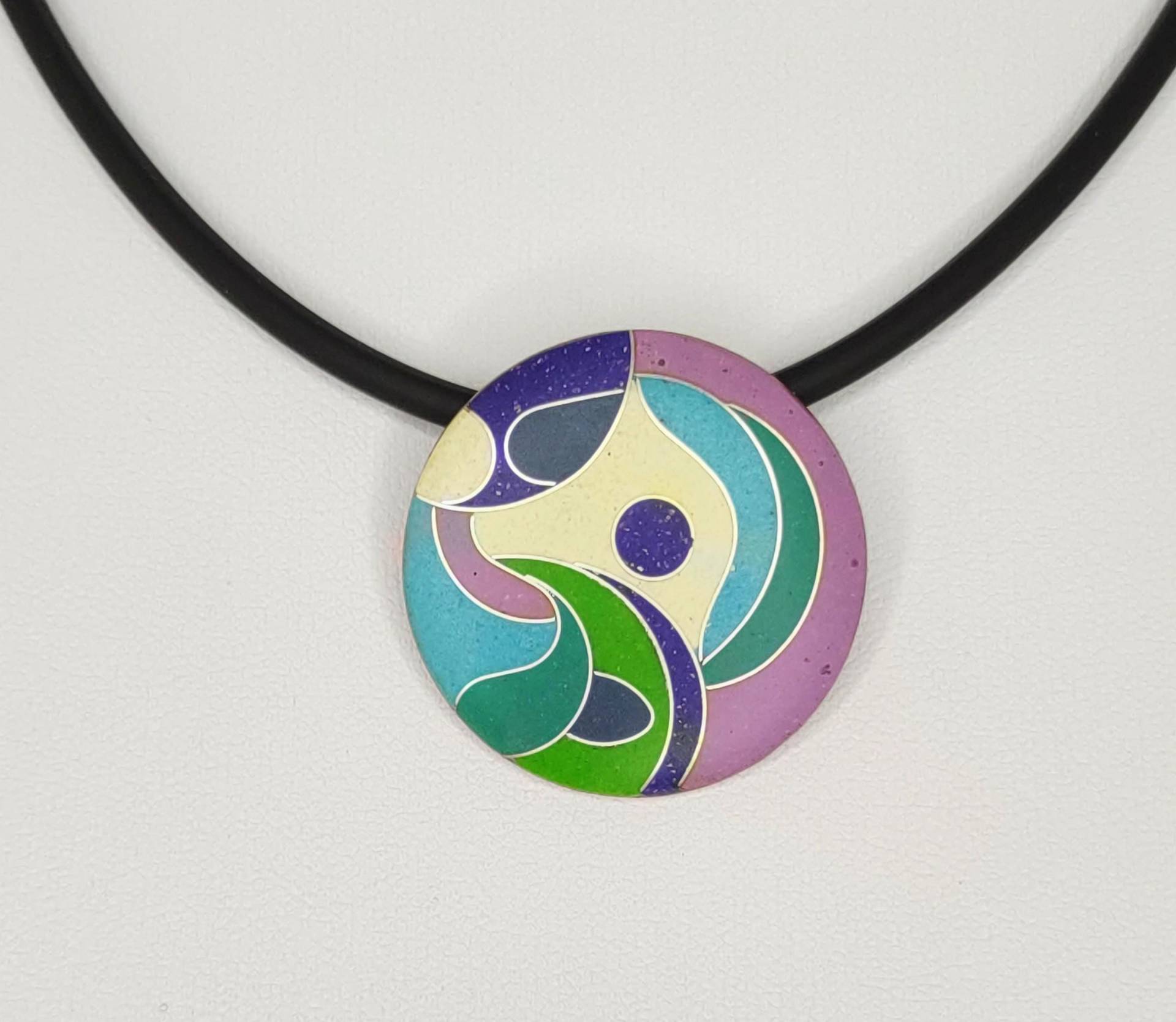 Anhänger Bunt Mit Emaille Blau Lila Rosa Creme Grün Grau Petrol Und Silberdraht Muster Emailleschmuck Damenschmuck Handarbeit Geschenk von FeuerschmuckSander