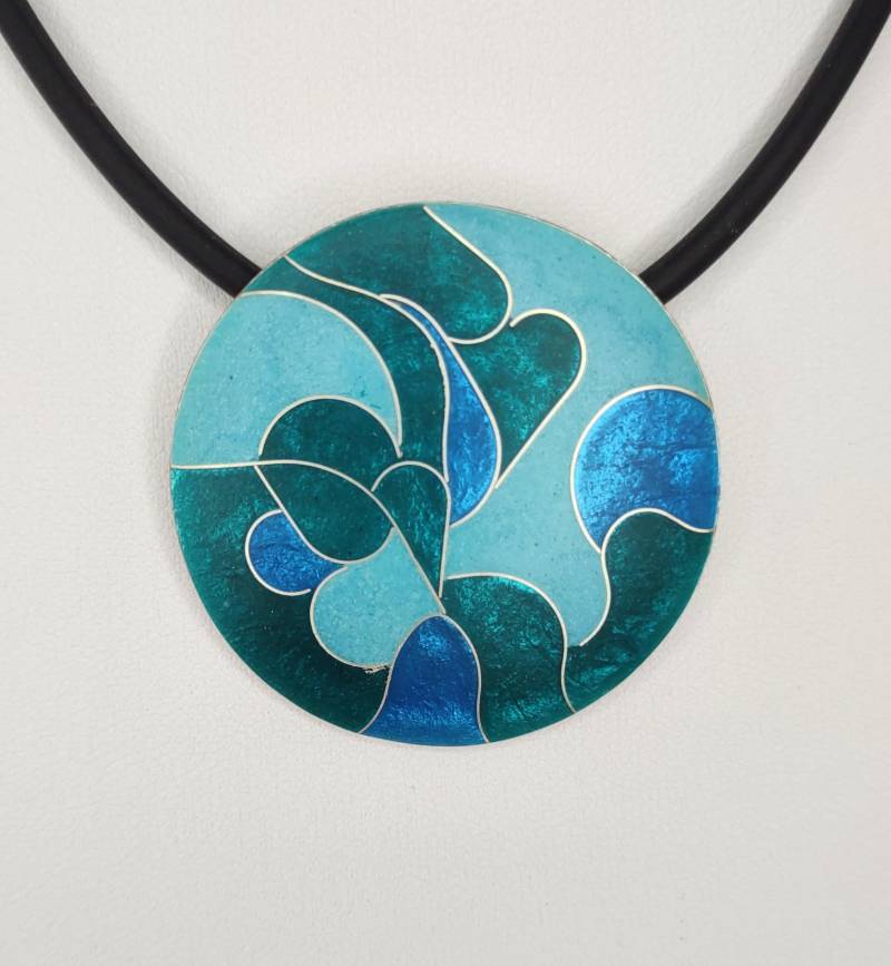 Anhänger Mit 925Er Silberdrähten Und Emaille in Türkisfarben Gewölbt 40mm Durchmesser Handarbeit Emailleschmuck Geschenk Unikatschmuck von FeuerschmuckSander