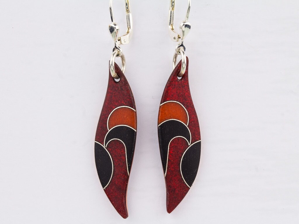 Emaille - Ohrhänger Schwarz-Rot-Orange Mit Silberdraht-Muster, Gewölbt Und Matt Geschliffen, Geschenk von FeuerschmuckSander