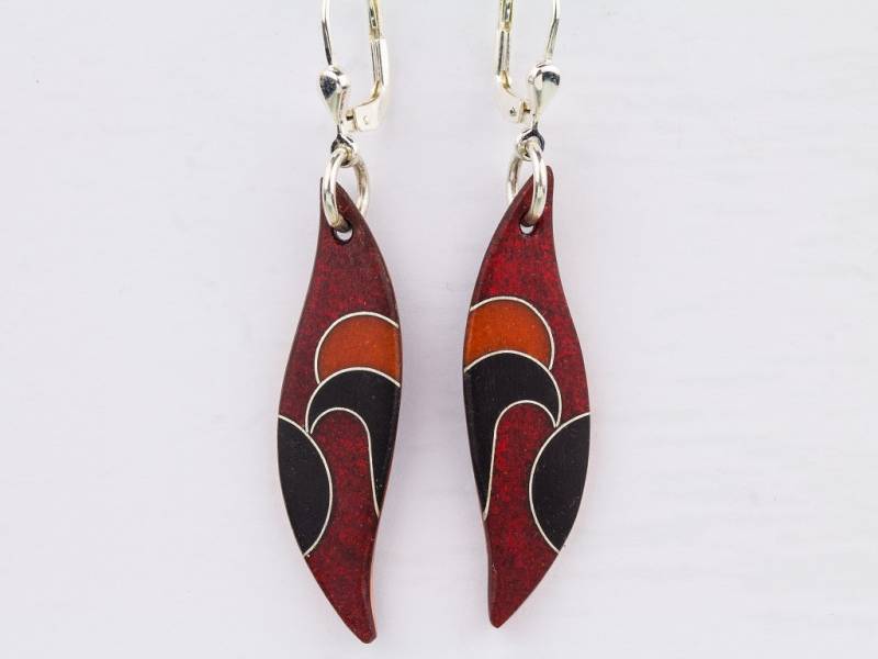 Emaille - Ohrhänger Schwarz-Rot-Orange Mit Silberdraht-Muster, Gewölbt Und Matt Geschliffen, Geschenk von FeuerschmuckSander