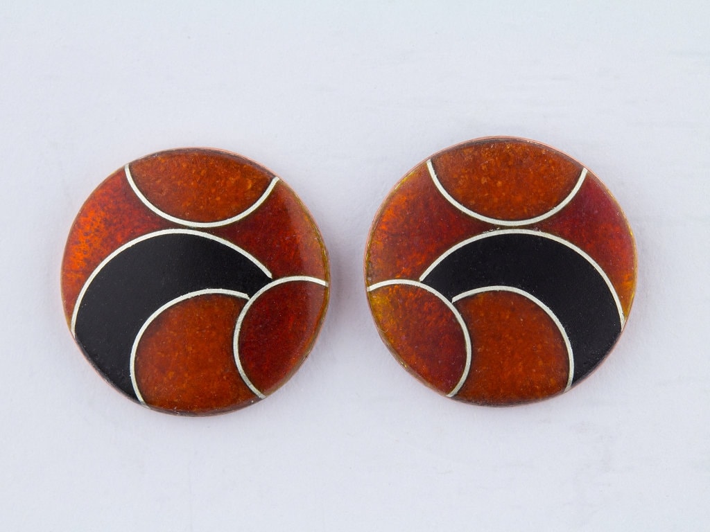 Handgefertigte Emaille - Ohrstecker, Rund Schwarz Rot Orange Plan Unikatschmuck Emailleschmuck Handarbeit Geschenk von FeuerschmuckSander