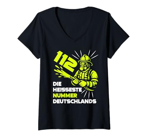 Damen 112 Freiwillige Feuerwehr Die Heißeste Nummer Deutschlands T-Shirt mit V-Ausschnitt von Feuerwehr Spruch Feuerwehrmann 112 Löschen
