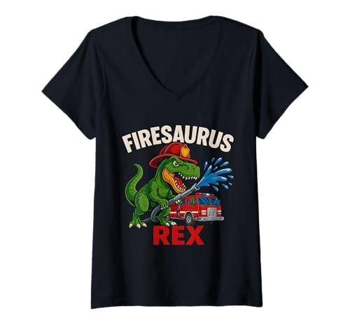 Damen Firesaurus Rex Feuerwehrmann Feuerwehrmann T-Shirt mit V-Ausschnitt von Feuerwehrmänner Day Designs