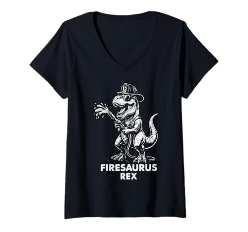 Damen Firesaurus Rex Feuerwehrmann Feuerwehrmann T-Shirt mit V-Ausschnitt von Feuerwehrmänner Day Designs