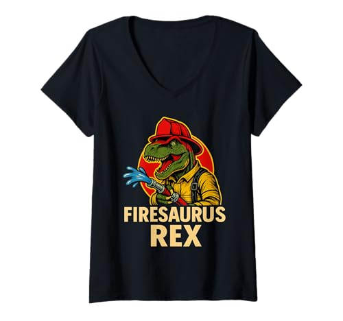 Damen Firesaurus Rex Feuerwehrmann Feuerwehrmann T-Shirt mit V-Ausschnitt Damen Firesaurus Rex Feuerwehrmann Feuerwehrmann T-Shirt mit V-Ausschnitt von Feuerwehrmänner Day Designs
