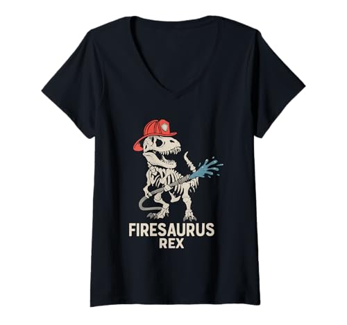 Damen Firesaurus Rex Feuerwehrmann Feuerwehrmann T-Shirt mit V-Ausschnitt von Feuerwehrmänner Day Designs