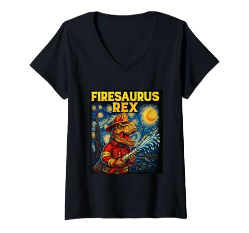 Damen Firesaurus Rex Feuerwehrmann Feuerwehrmann T-Shirt mit V-Ausschnitt von Feuerwehrmänner Day Designs