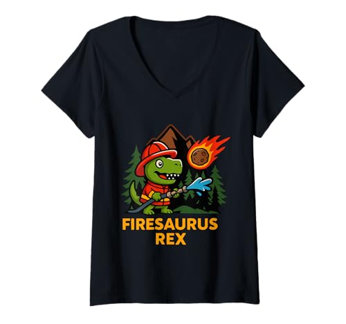 Damen Firesaurus Rex Feuerwehrmann Feuerwehrmann T-Shirt mit V-Ausschnitt von Feuerwehrmänner Day Designs