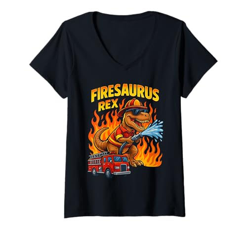 Damen Firesaurus Rex Feuerwehrmann Feuerwehrmann T-Shirt mit V-Ausschnitt von Feuerwehrmänner Day Designs
