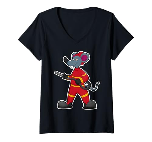 Damen Maus Feuerwehrmann Feuerwehrschlauch Feuerwehr T-Shirt mit V-Ausschnitt Damen Maus Feuerwehrmann Feuerwehrschlauch Feuerwehr T-Shirt mit V-Ausschnitt von Feuerwehrmann Feuerwehr