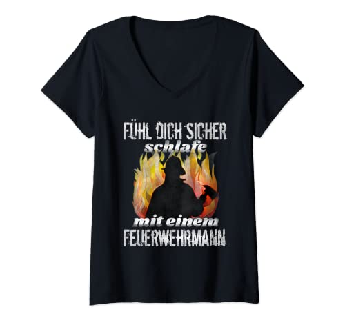 Damen Fühl dich sicher schlafe mit einem Feuerwehrmann Feuerwehr T-Shirt mit V-Ausschnitt Damen Fühl dich sicher schlafe mit einem Feuerwehrmann Feuerwehr T-Shirt mit V-Ausschnitt von Feuerwehrmann Geschenk Feuerwehr Motive