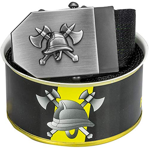Feuerwehr-Gürtel | Emblem Flaschenöffner in Gürtel-Schnalle | Feuerwehr-Edition schwarz Signet | universal verstellbar 150cm | Männer Herren Frauen Damen Kinder | Einsatz Koppel | Geschenk-Dose von Feuerwehrstore