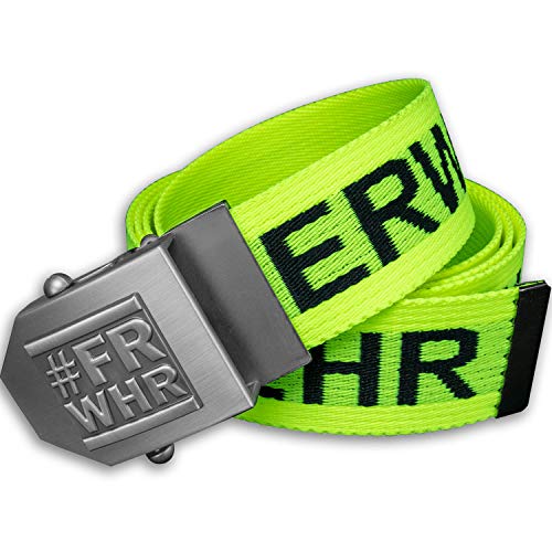 Feuerwehr-Gürtel | #FRWHR Emblem Flaschenöffner in Gürtel-Schnalle | neongelb Aufschrift schwarz | universal verstellbar 150cm | Männer Herren Frauen Damen Kinder | Einsatz Koppel | Geschenk Freizeit von Feuerwehrstore