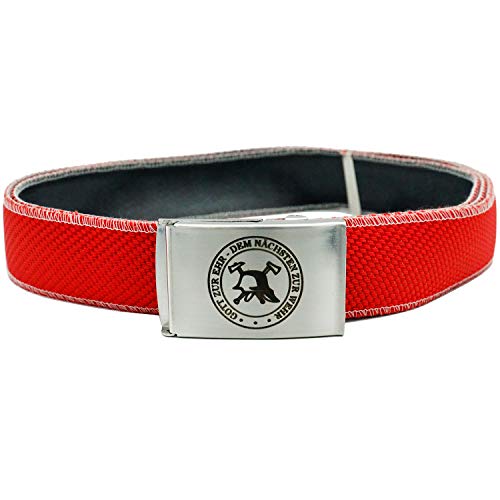 Feuerwehr-Gürtel aus echtem Lösch-Schlauch Material Einsatz-Koppel | Schnalle mit Motiv Gott zur Ehr Signet | kürzbar stufenlos verstellbar | orange gelb rot weiß | Koppelgürtel (rot, 125 cm) von Feuerwehrstore