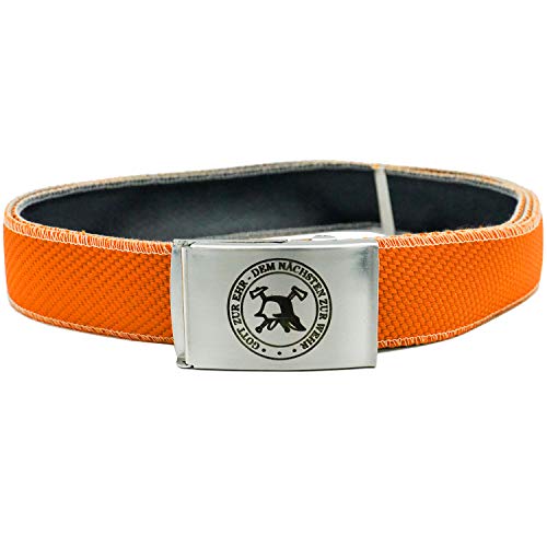 Feuerwehr-Gürtel aus echtem Lösch-Schlauch Material Einsatz-Koppel | Schnalle mit Motiv Gott zur Ehr Signet | kürzbar stufenlos verstellbar | orange gelb rot weiß | Koppelgürtel (signalorange, 125 cm) von Feuerwehrstore