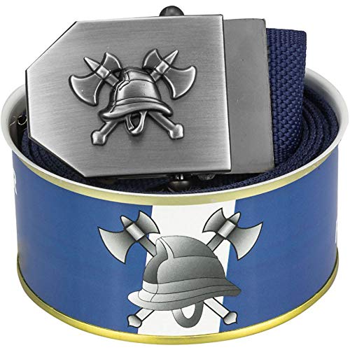 Feuerwehr-Gürtel mit Emblem Flaschenöffner in Gürtel-Schnalle | Feuerwehr-Edition blau Signet | universal verstellbar 150cm | Männer Herren Frauen Damen Kinder | Einsatz Koppel | Geschenk-Dose von Feuerwehrstore