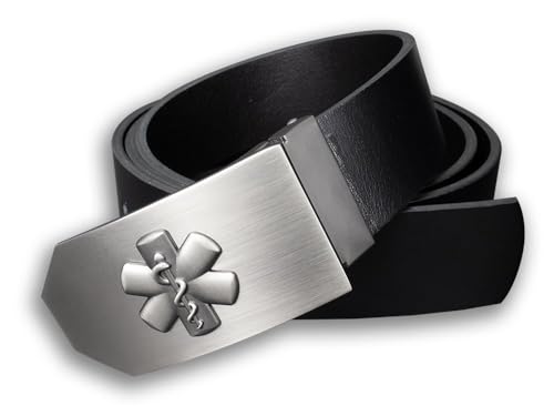 Feuerwehrstore Ledergürtel Classic mit Rettungsdienst-Emblem Länge: 110 cm | schwarz | Metallschnalle | Star of Life | Größenverstellbar von Feuerwehrstore