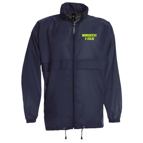 Leichte Unisex Regen- & Windjacke | navy | Rückenaufdruck FEUERWEHR | Wunschtext Brust | Schriftart neongelb | Größe XL | wasser- und windfest von Feuerwehrstore