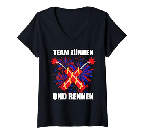 Damen Team zünden und rennen Feuerwerk Pyrotechniker 4th of July T-Shirt mit V-Ausschnitt von Feuerwerk Böllern Sprüche & Pyrotechniker Outfit