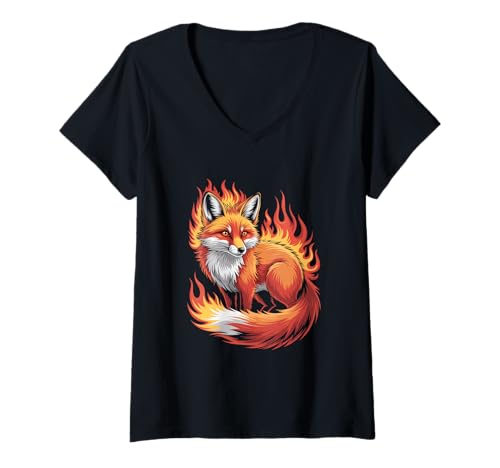 Damen Feuriger Fuchs Mit Flammen Motiv T-Shirt mit V-Ausschnitt Damen Feuriger Fuchs Mit Flammen Motiv T-Shirt mit V-Ausschnitt von Feuriger Fuchs Tier Natur Fantasie