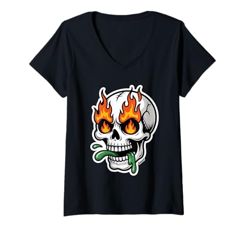 Damen Totenkopf mit Feuer in den Augen und schleimiger Zunge T-Shirt mit V-Ausschnitt Damen Totenkopf mit Feuer in den Augen und schleimiger Zunge T-Shirt mit V-Ausschnitt von Feuriger Schädel Cartoon Grafik