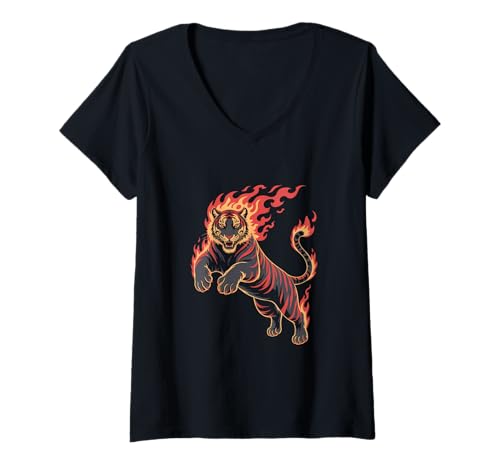 Damen Tiger Im Flammen Elementar Kraftvoll T-Shirt mit V-Ausschnitt Damen Tiger Im Flammen Elementar Kraftvoll T-Shirt mit V-Ausschnitt von Feuriger Tiger Wildes Feuer Kraftvoll