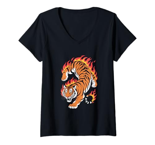 Damen Tiger Mit Flammen Wildes Tier Natur T-Shirt mit V-Ausschnitt Damen Tiger Mit Flammen Wildes Tier Natur T-Shirt mit V-Ausschnitt von Feuriger Wilder Tiger Tiermotiv Flammen