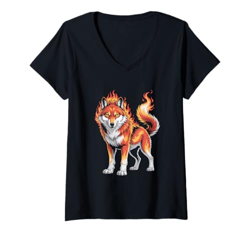 Damen Flammenwolf Mit Leuchtenden Augen T-Shirt mit V-Ausschnitt Damen Flammenwolf Mit Leuchtenden Augen T-Shirt mit V-Ausschnitt von Feuriger Wolf Mystischer Wildgeist