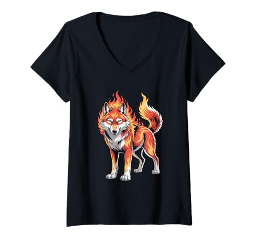 Damen Feuriger Wolf T-Shirt mit V-Ausschnitt von Feuriger Wolf Mythologische Kreaturen