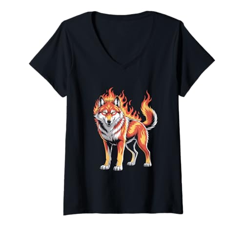 Damen Feuriger Wolf Mit Flammenmotiv T-Shirt mit V-Ausschnitt von Feuriger Wolf Wildnis Natur Stärke Mystik