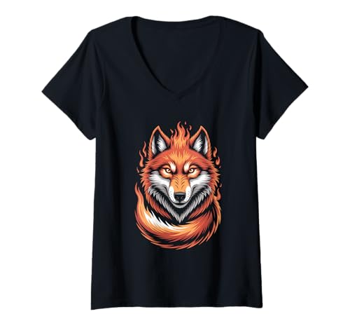 Damen Feuriger Wolf Kopf Mit Flammen T-Shirt mit V-Ausschnitt Damen Feuriger Wolf Kopf Mit Flammen T-Shirt mit V-Ausschnitt von Feuriger Wolf Wildtier Naturmotiv