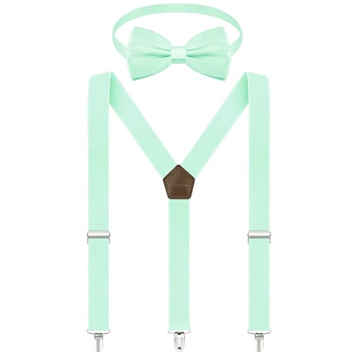 Fevaeno Hosenträger Fliege Set, Breit 2.5cm Y Form mit 3 Starken Clips, Einstellbar und Elastisch Einheitsgröß Hosenträger für Herren und Damen Mint von Fevaeno