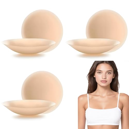 Fevaeno Nippelpads, 6 Stück ultradünn Silikon Nipple Cover für Damen mit Brustwarzenschutz, Wiederverwendbares und Waschbar Selbstklebende Nipple Pads Damen Pasties, Rund, 8.5cm Nude von Fevaeno