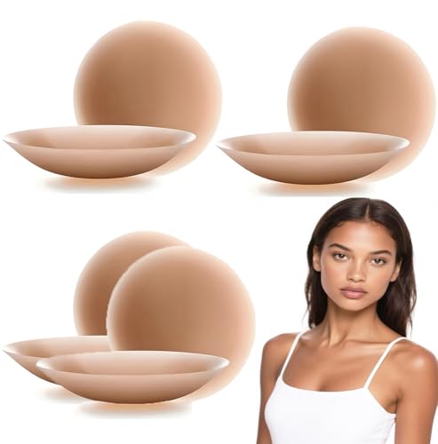 Fevaeno Nippelpads, 8 Stück Selbstklebende Nipple Cover für Damen mit Brustwarzenschutz, Wiederverwendbares und Waschbar Damen Silikon Pasties, Rund, 8.5cm ultradünn Tanned von Fevaeno
