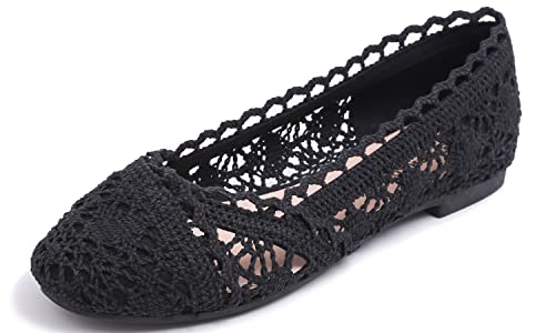 Feversole, runde Spitze, Ballerinas, Häkelschuhe, flach, bequem, atmungsaktiv, Schwarz (Schwarze Spitze), 38 EU von Feversole