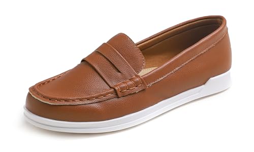 Feversole Comfort Women's Leather Daily Loafer, Komfort Frauen Leder Täglich Loafer Fahren Flats Flexibel Wandern Boot Schuhe Camle Veganes Narbenleder 39 von Feversole
