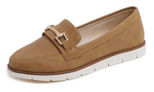 Feversole Comfort Women's Leather Daily Loafer, Komfort Frauen Leder Täglich Loafer Fahren Flats Flexibel Wandern Boot Schuhe Kamel Veganes Narbenleder 38 von Feversole