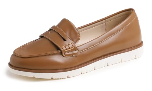 Feversole Comfort Women's Leather Daily Loafer, Komfort Frauen Leder Täglich Loafer Fahren Flats Flexibel Wandern Boot Schuhe Kamel Veganes Narbenleder 39 von Feversole
