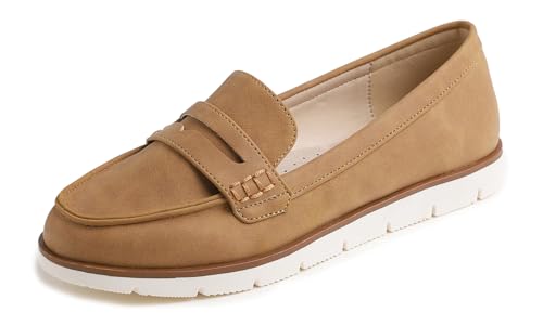 Feversole Comfort Women's Leather Daily Loafer, Komfort Frauen Leder Täglich Loafer Fahren Flats Flexibel Wandern Boot Schuhe Kamel Veganes Narbenleder 40 von Feversole
