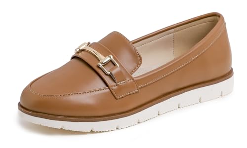 Feversole Comfort Women's Leather Daily Loafer, Komfort Frauen Leder Täglich Loafer Fahren Flats Flexibel Wandern Boot Schuhe Kamel Veganes Narbenleder 40 von Feversole
