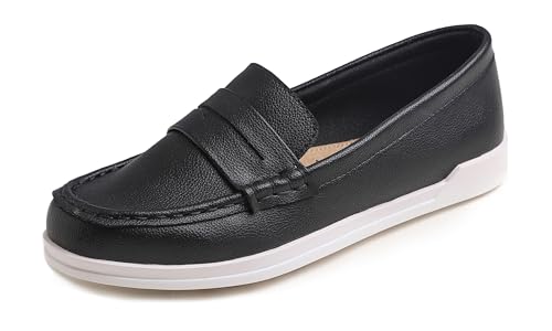 Feversole Comfort Women's Leather Daily Loafer, Komfort Frauen Leder Täglich Loafer Fahren Flats Flexibel Wandern Boot Schuhe Schwarzes Veganes Narbenleder 37 von Feversole