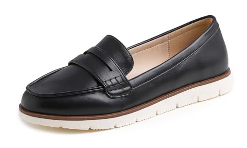 Feversole Comfort Women's Leather Daily Loafer, Komfort Frauen Leder Täglich Loafer Fahren Flats Flexibel Wandern Boot Schuhe Schwarzes Veganes Narbenleder 37 von Feversole