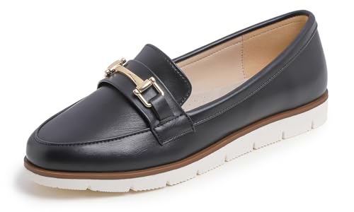 Feversole Comfort Women's Leather Daily Loafer, Komfort Frauen Leder Täglich Loafer Fahren Flats Flexibel Wandern Boot Schuhe Schwarzes Veganes Narbenleder 41 von Feversole