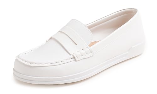 Feversole Comfort Women's Leather Daily Loafer, Komfort Frauen Leder Täglich Loafer Fahren Flats Flexibel Wandern Boot Schuhe Weißes Veganes Narbenleder 40 von Feversole
