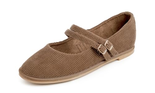 Feversole Corduroy Belt Mary Jane Halbschuhe,Flach Freizeit Tanzschuhe，Bronze Kord Mary Jane mit runder Schnalle 38.5 von Feversole