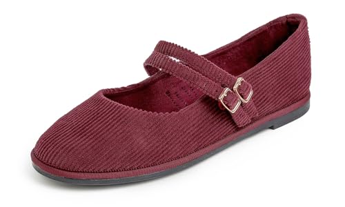 Feversole Corduroy Belt Mary Jane Halbschuhe,Flach Freizeit Tanzschuhe，Burgundisch Kord Mary Jane mit runder Schnalle 42 von Feversole