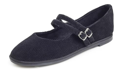 Feversole Corduroy Belt Mary Jane Halbschuhe,Flach Freizeit Tanzschuhe，Schwarzer Kord Mary Jane mit runder Schnalle 37.5 von Feversole