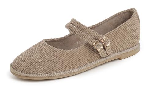 Feversole Corduroy Belt Mary Jane Halbschuhe,Flach Freizeit Tanzschuhe，Taupe Kord Mary Jane mit runder Schnalle 40 von Feversole