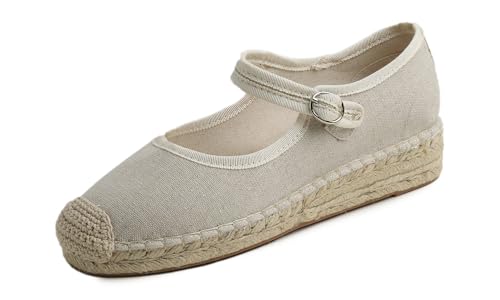 Feversole Damen Espadrilles Plateau Wedges Sandaletten mit Geschlossene Keilabsatz Sommerschuhe Sommer Pumps Frauen Schuhe Beige Segeltuch Jute Mary Jane 40 EU von Feversole